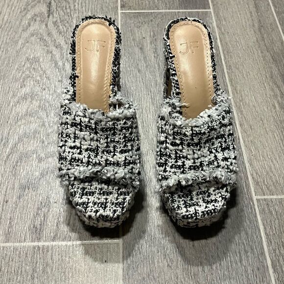 Women's JF London Black & White Tweed Open Toe Platform Heather Throwback Heels - Picture 3 of 9